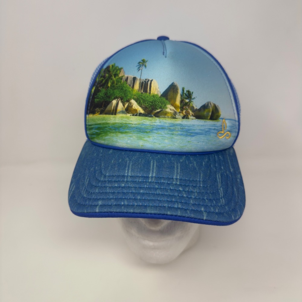 Prana Tropical Beach Landscape Trucker Hat Blue Mesh Snapback Adjustable Cap